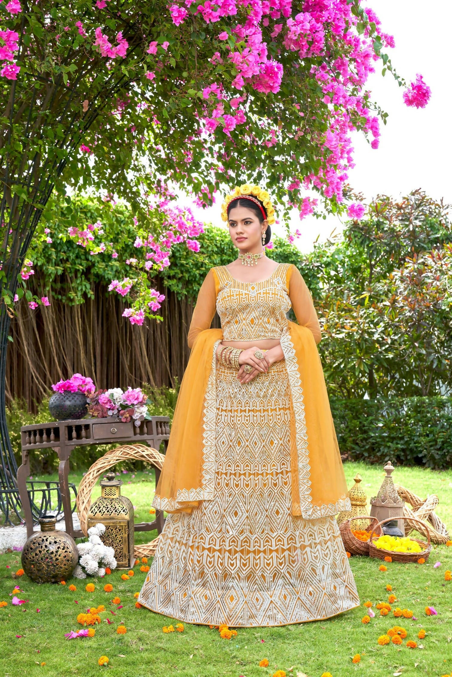 Yellow Net Embroidered Semi Stitched Lehenga Choli with Dupatta - Bhagya | Grocsy