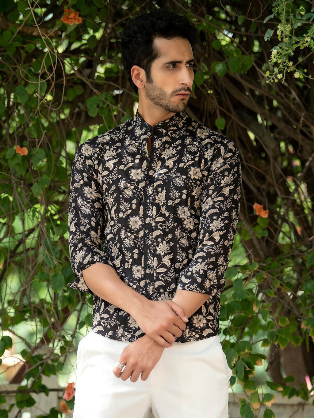 Miravan Men's Cotton Black Floral Printed Full Sleeve Slim Fit Shirt | Grocsy