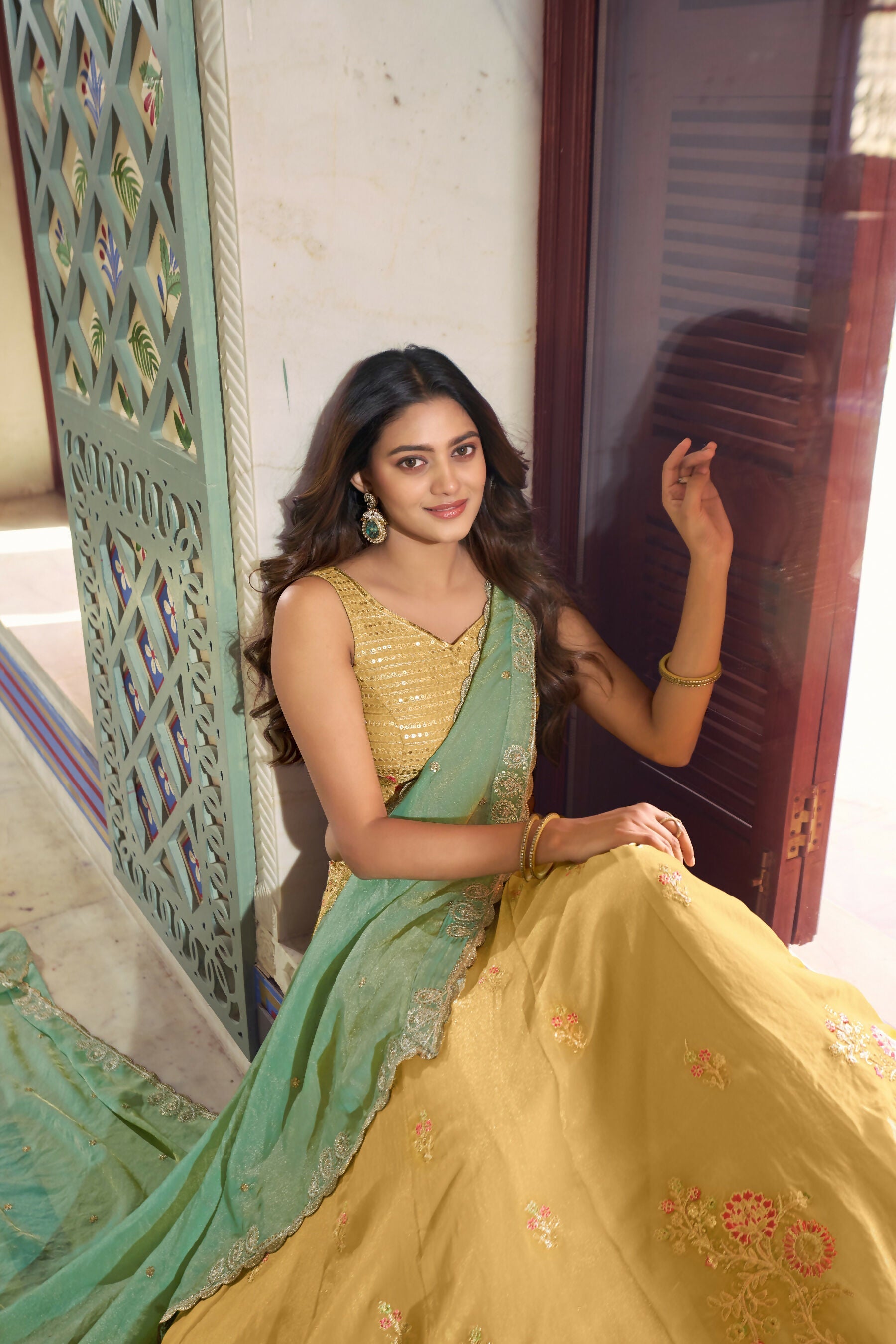 Lorenvalley Fashion Yellow NC Moss Silk Sequins and Thread Embroidery Work Lehenga Choli with Dupatta | Grocsy