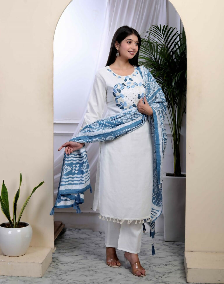 Miravan Women's White Cotton Thread Work Embroidered And Mirror Work Straight Kurta Palazzo With Dupatta Set | Grocsy