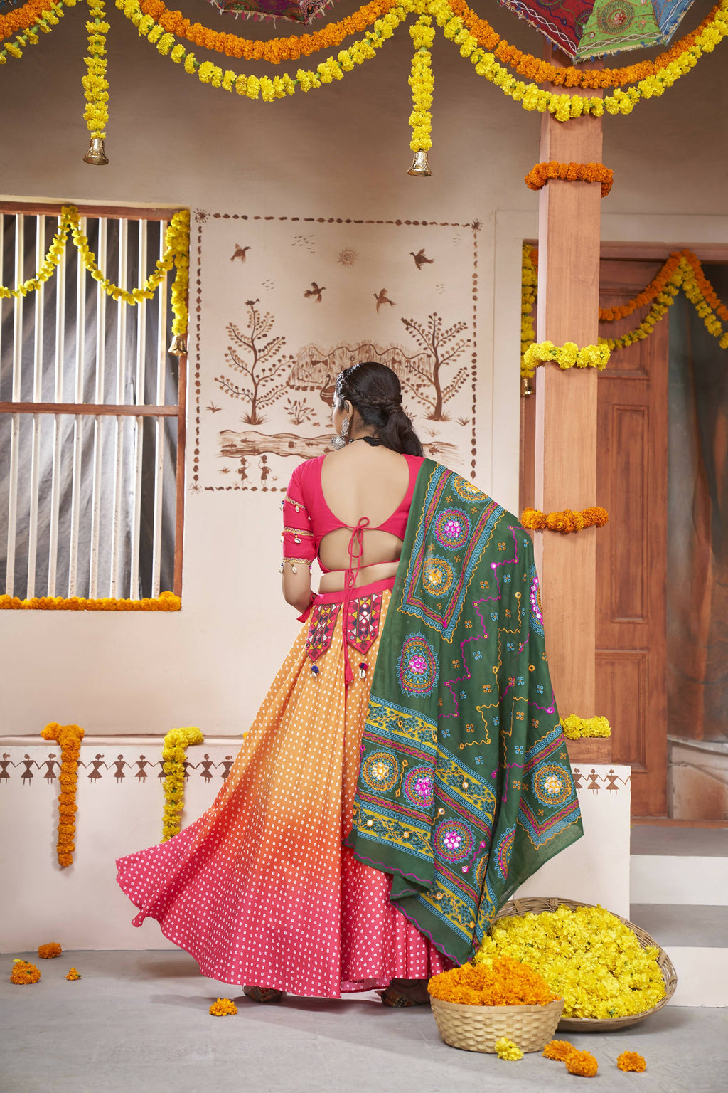 Yellow Rayon All over Print with Embroidery Patch Work Navratri Lehenga Choli with Dupatta - Raas | Grocsy