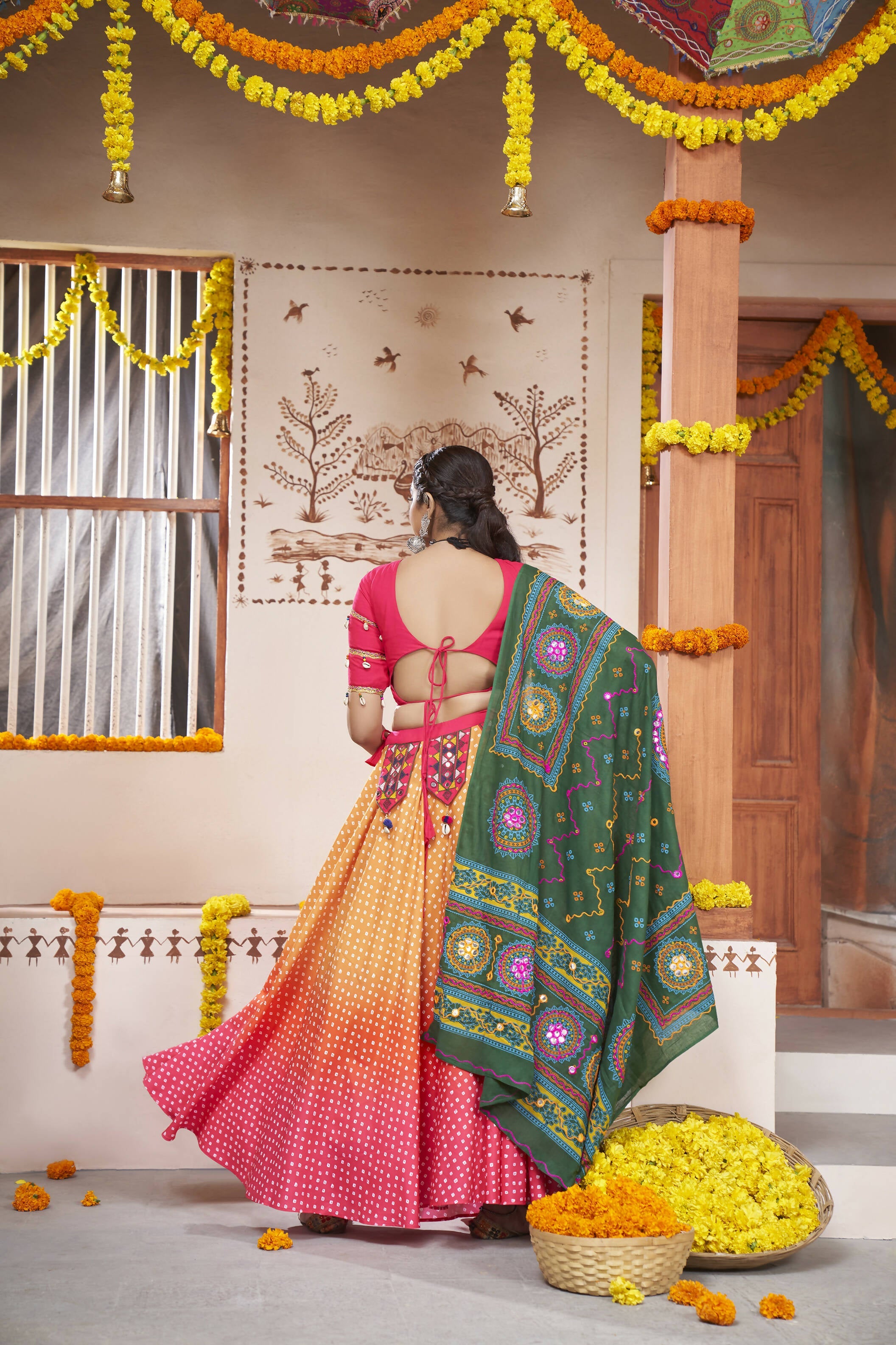Yellow Rayon All over Print with Embroidery Patch Work Navratri Lehenga Choli with Dupatta - Raas | Grocsy