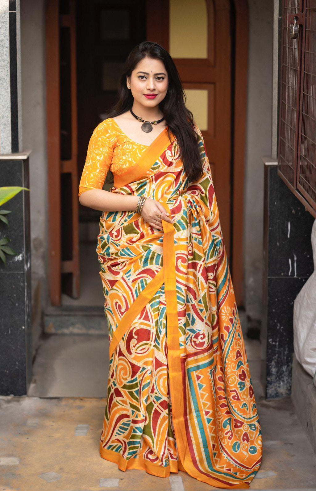 Mustard Cotton Crepe Batik Print Saree with Unstitched Blouse - Hiral Fashion | Grocsy
