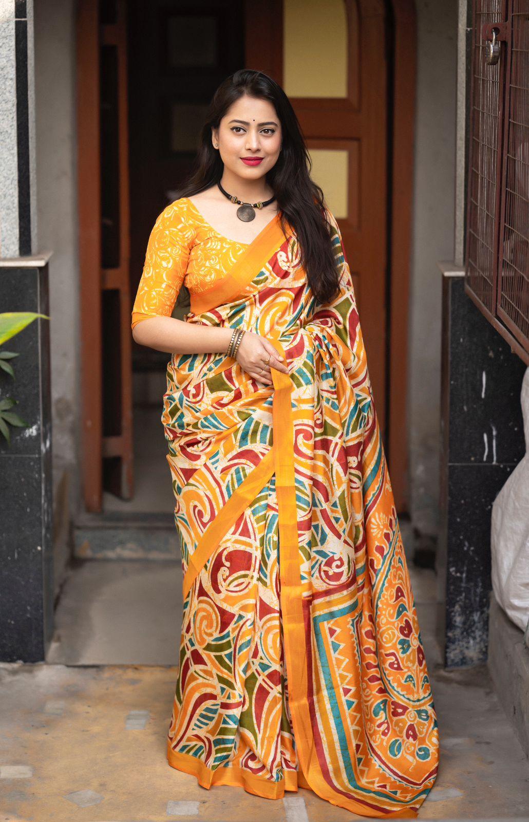 Mustard Cotton Crepe Batik Print Saree with Unstitched Blouse - Hiral Fashion | Grocsy