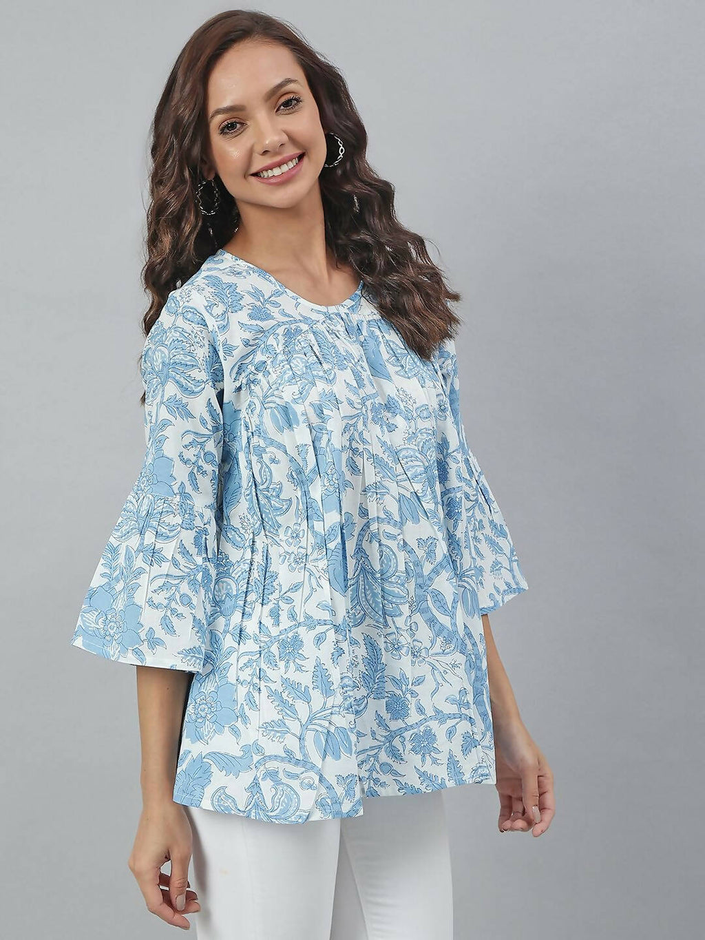 Janasya Women's White Cotton Floral Print Tiered Top | Grocsy