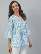 Janasya Women's White Cotton Floral Print Tiered Top | Grocsy