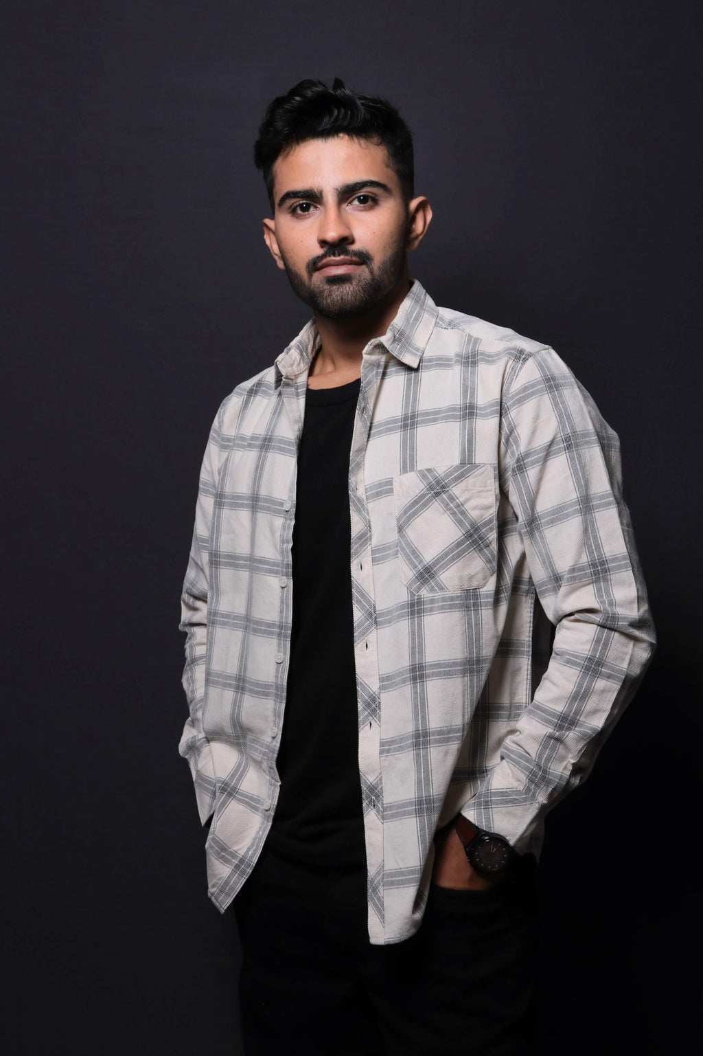 Jonesburg Off White Checks Fine Corduroy Regular Fit Shirt | Grocsy