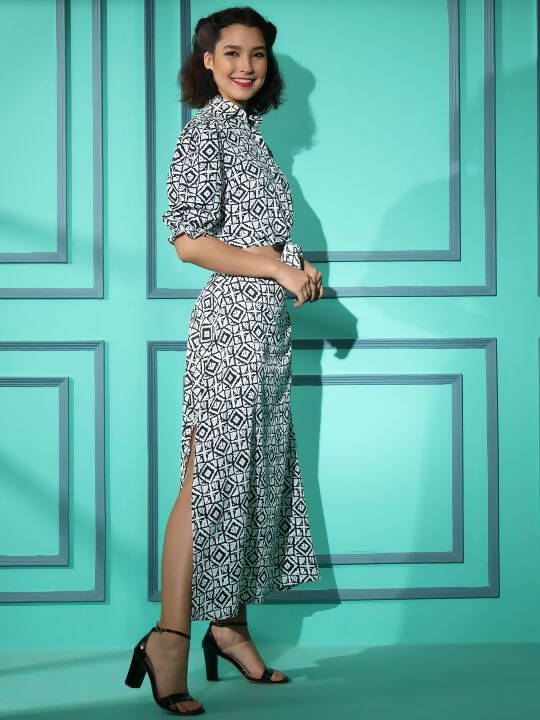 White Crepe Geometric Printed Top with Matching Skirt - Shivani | Grocsy