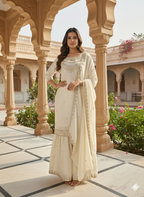 Teeya Creation Cream Color Fendy Satin Silk Heavy Embroidery Work Sharara Suit | Grocsy