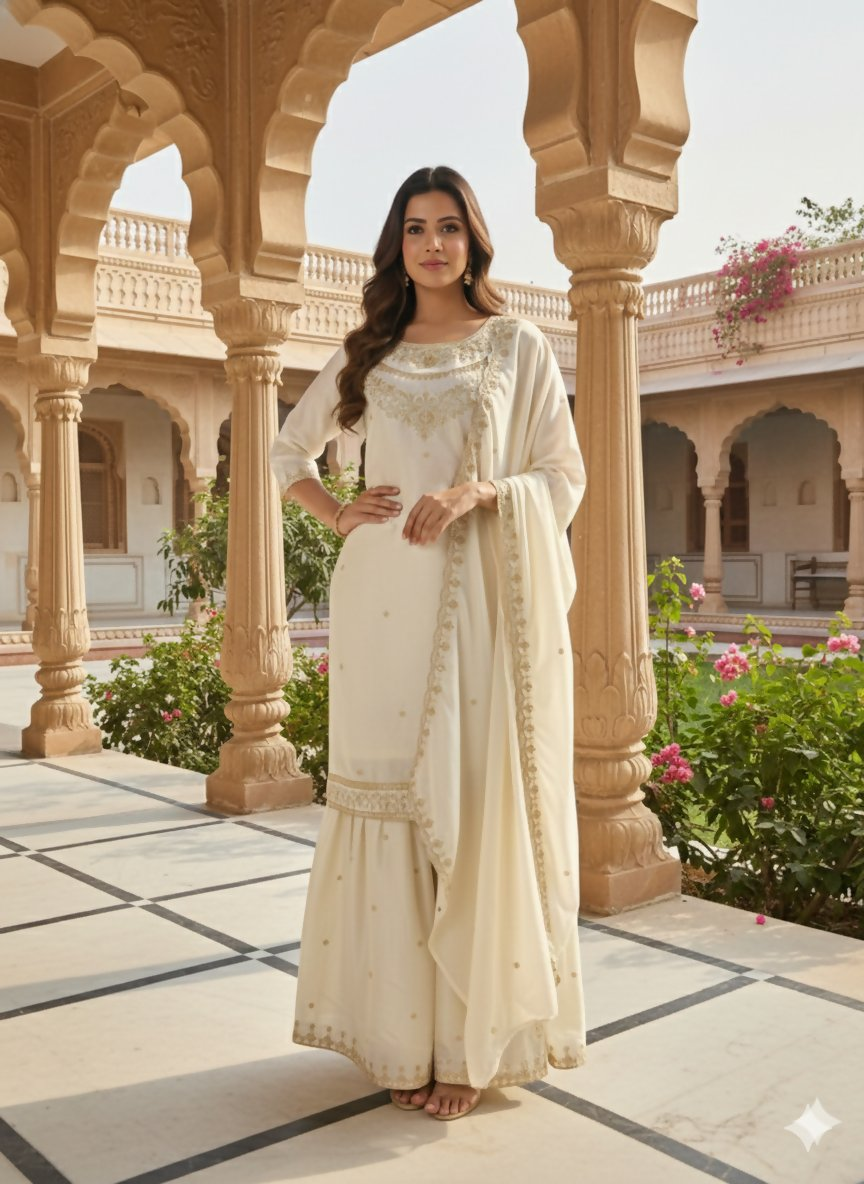 Teeya Creation Cream Color Fendy Satin Silk Heavy Embroidery Work Sharara Suit | Grocsy