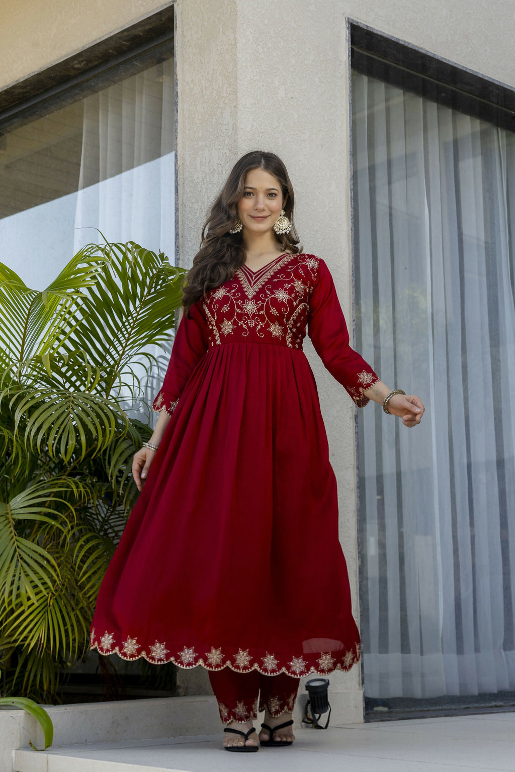 The52 Women's Beautiful Embroidery Work Vichitra Silk Fabric Flared Anarkali Pant and Dupatta Set | Grocsy