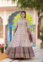 Functional Designer Off White-Muliti Dola Silk Anarkali suit with Dupatta - Ramya | Grocsy
