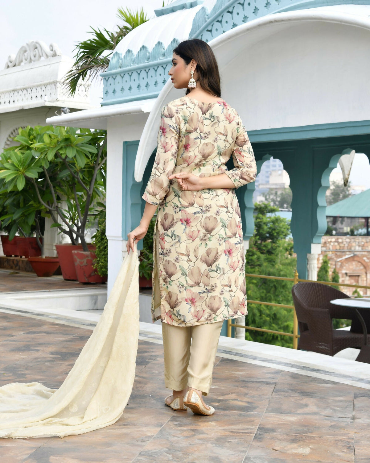 Vaasva Women's Cream Tissue Embroidered Suit Set With Solid Pant And Embroidered Dupatta | Grocsy