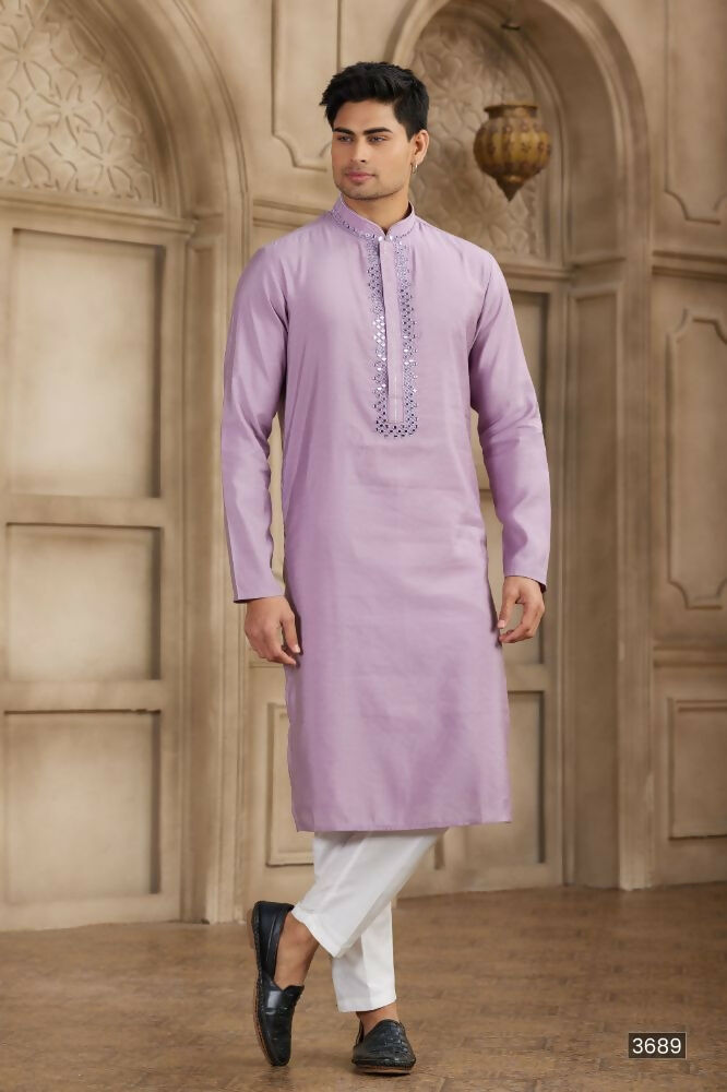 Raivat Ethnic Banarasi Art Silk Mirror Work Kurta Pajama In Purple Colour | Grocsy