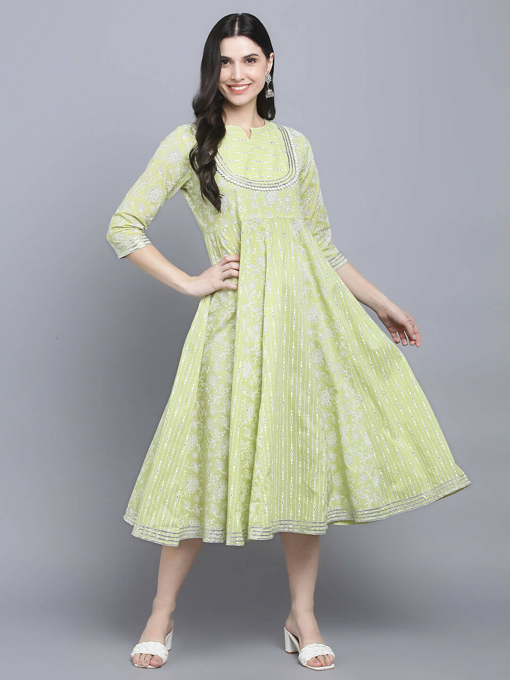 Myshka Women's Green Ethnic Motifs A-Line Midi Dress | Grocsy