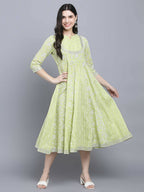 Myshka Women's Green Ethnic Motifs A-Line Midi Dress | Grocsy