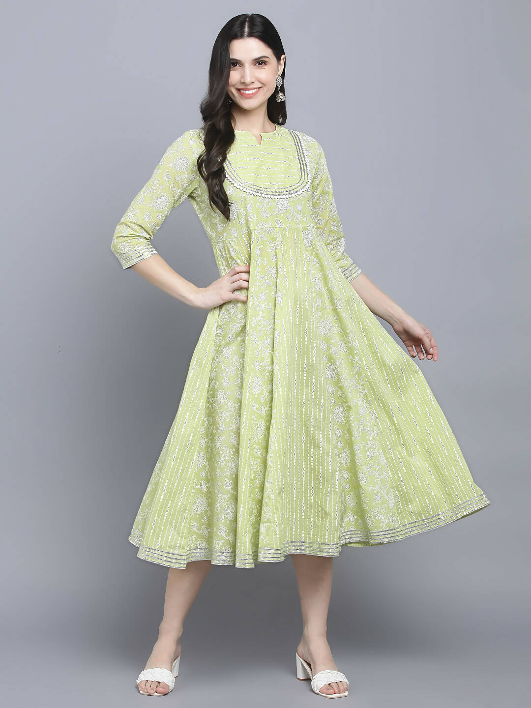 Myshka Women's Green Ethnic Motifs A-Line Midi Dress | Grocsy