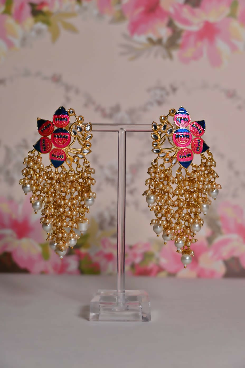 Pink & Blue Ethic Meenakari Lotus Shaded Earrings By House of Ree - Swadesiicart