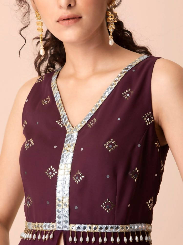 Indya Women Purple & Gold-Toned Embellished Ruffled High Slit Kurta | Grocsy