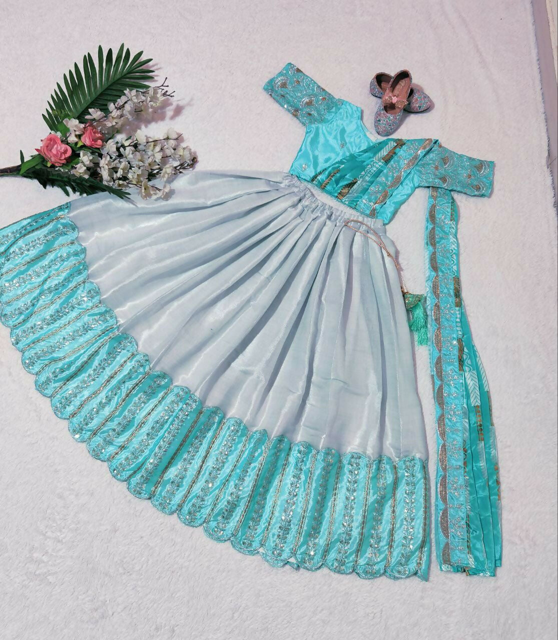Jyoti Fashion Classy Sky Blue Heavy Chenille Sequins Embroidered Kids Lehenga Choli Set | Grocsy