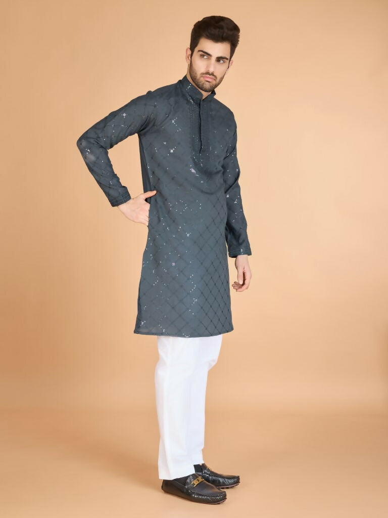 Vastranavya Grey Exclusive Festival Wear Viscose Silk Thread & Sequence Embroidered Work Kurta with Dupatta | Grocsy