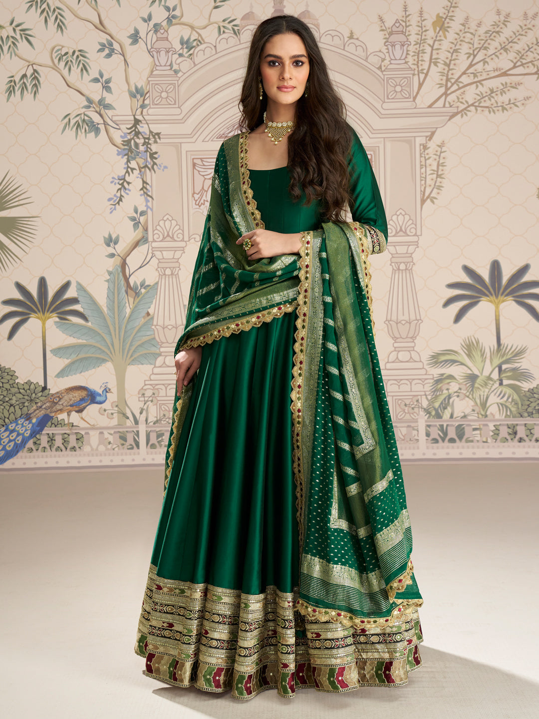 Evanik Women Green Embroidered Design Wedding Gown with Dupatta | Grocsy