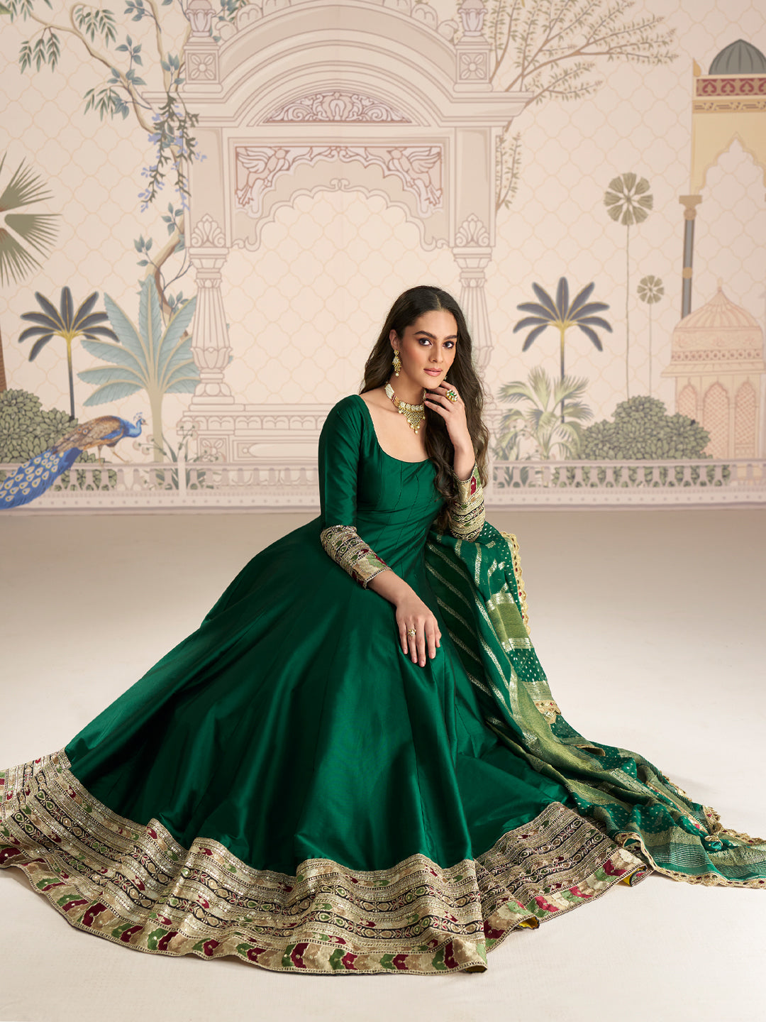 Evanik Women Green Embroidered Design Wedding Gown with Dupatta | Grocsy
