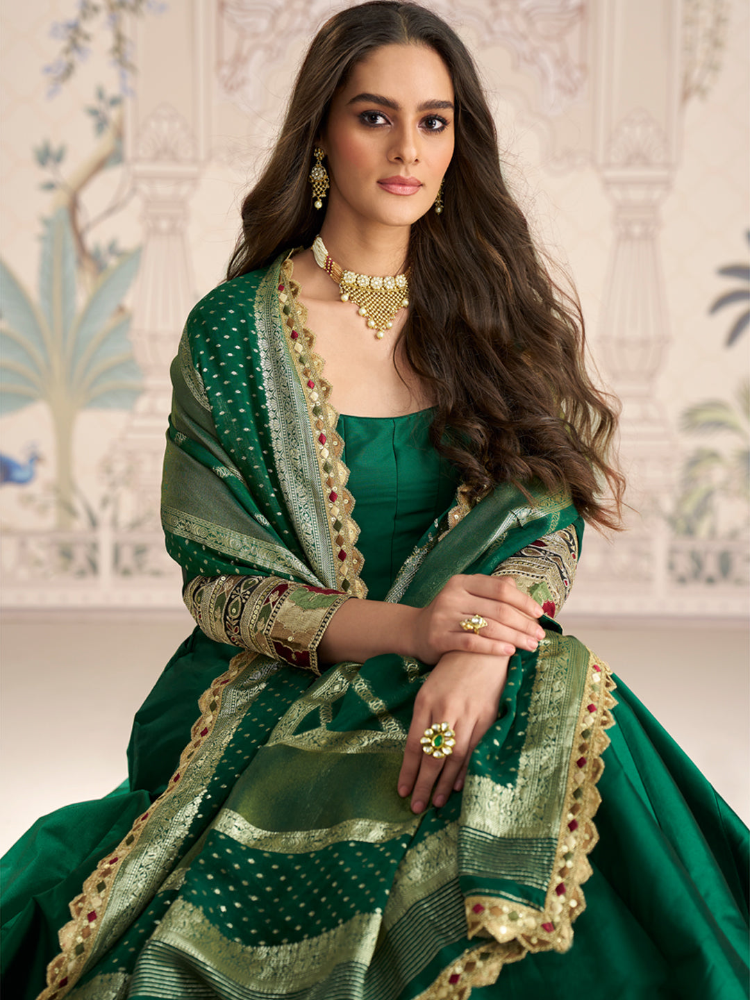 Evanik Women Green Embroidered Design Wedding Gown with Dupatta | Grocsy