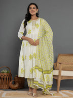 Yufta Green & White Gota_Patti Cotton Anarkali Kurta Dupatta Pant Set | Grocsy