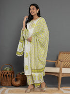 Yufta Green & White Gota_Patti Cotton Anarkali Kurta Dupatta Pant Set | Grocsy