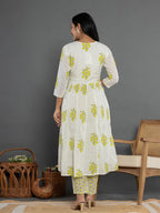 Yufta Green & White Gota_Patti Cotton Anarkali Kurta Dupatta Pant Set | Grocsy