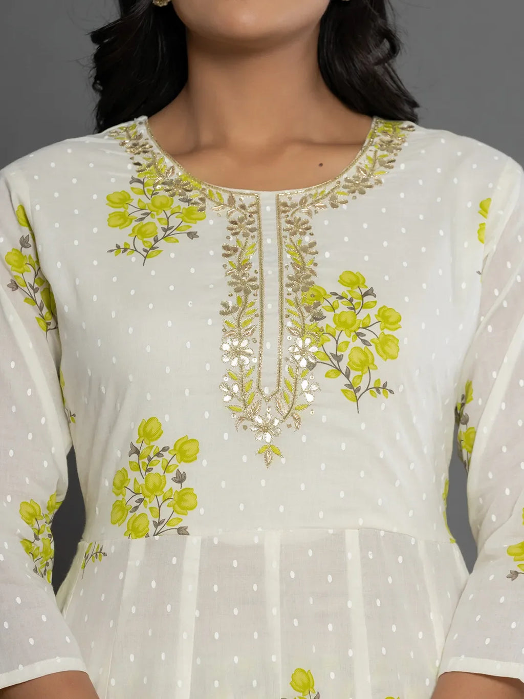 Yufta Green & White Gota_Patti Cotton Anarkali Kurta Dupatta Pant Set | Grocsy