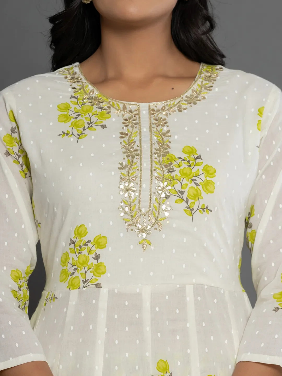 Yufta Green & White Gota_Patti Cotton Anarkali Kurta Dupatta Pant Set | Grocsy