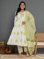 Yufta Green & White Gota_Patti Cotton Anarkali Kurta Dupatta Pant Set | Grocsy