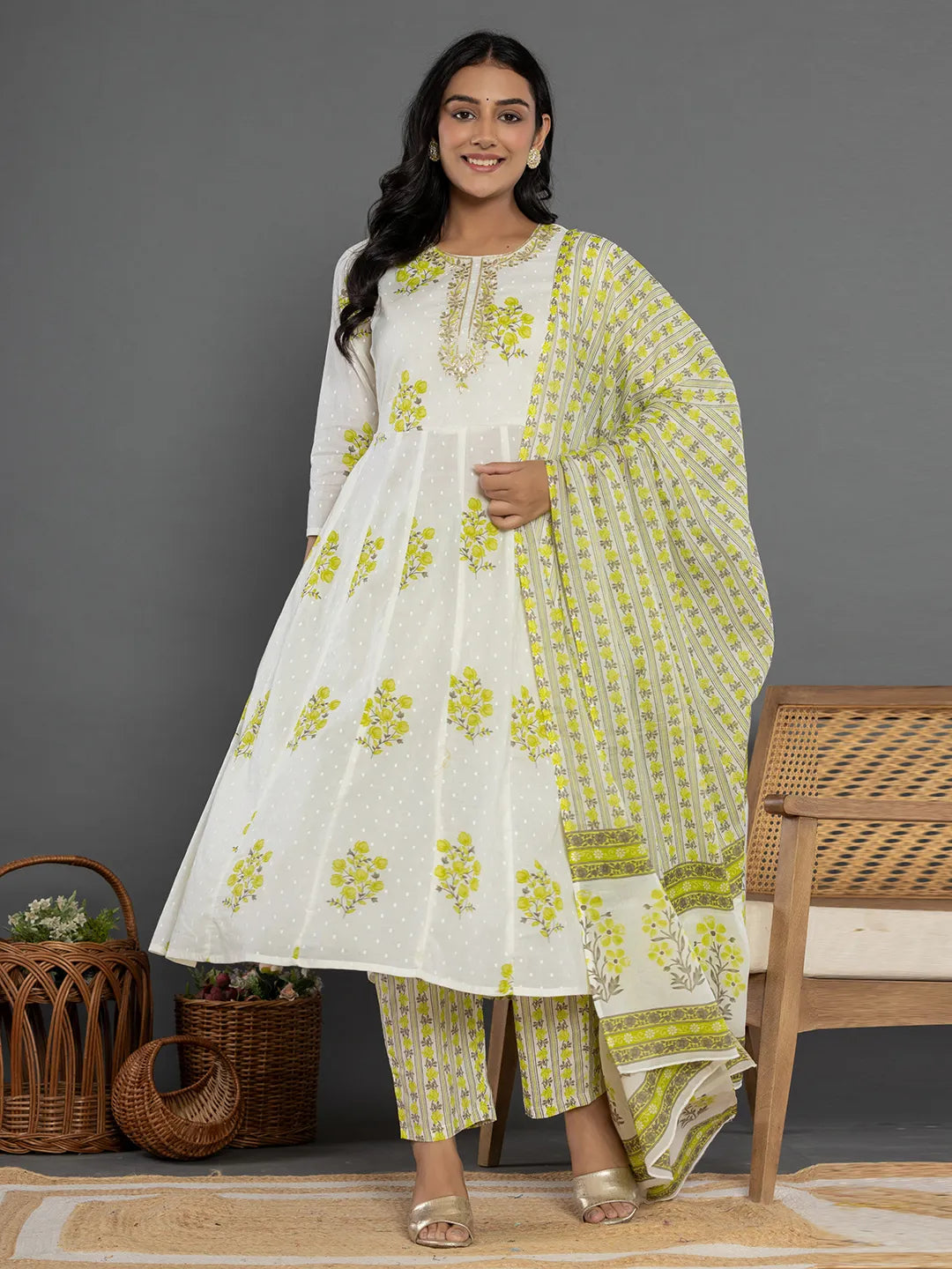 Yufta Green & White Gota_Patti Cotton Anarkali Kurta Dupatta Pant Set | Grocsy
