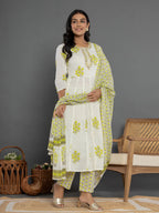 Yufta Green & White Gota_Patti Cotton Anarkali Kurta Dupatta Pant Set | Grocsy