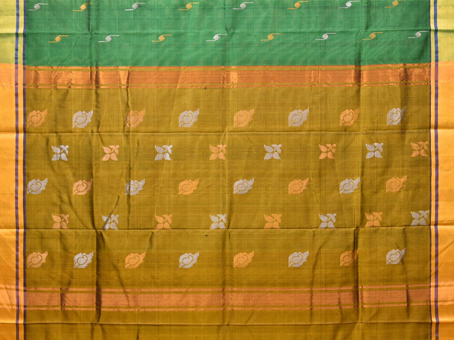 Green and Olive Uppada Silk Handloom Saree with Buta Design - Global Threads | Grocsy
