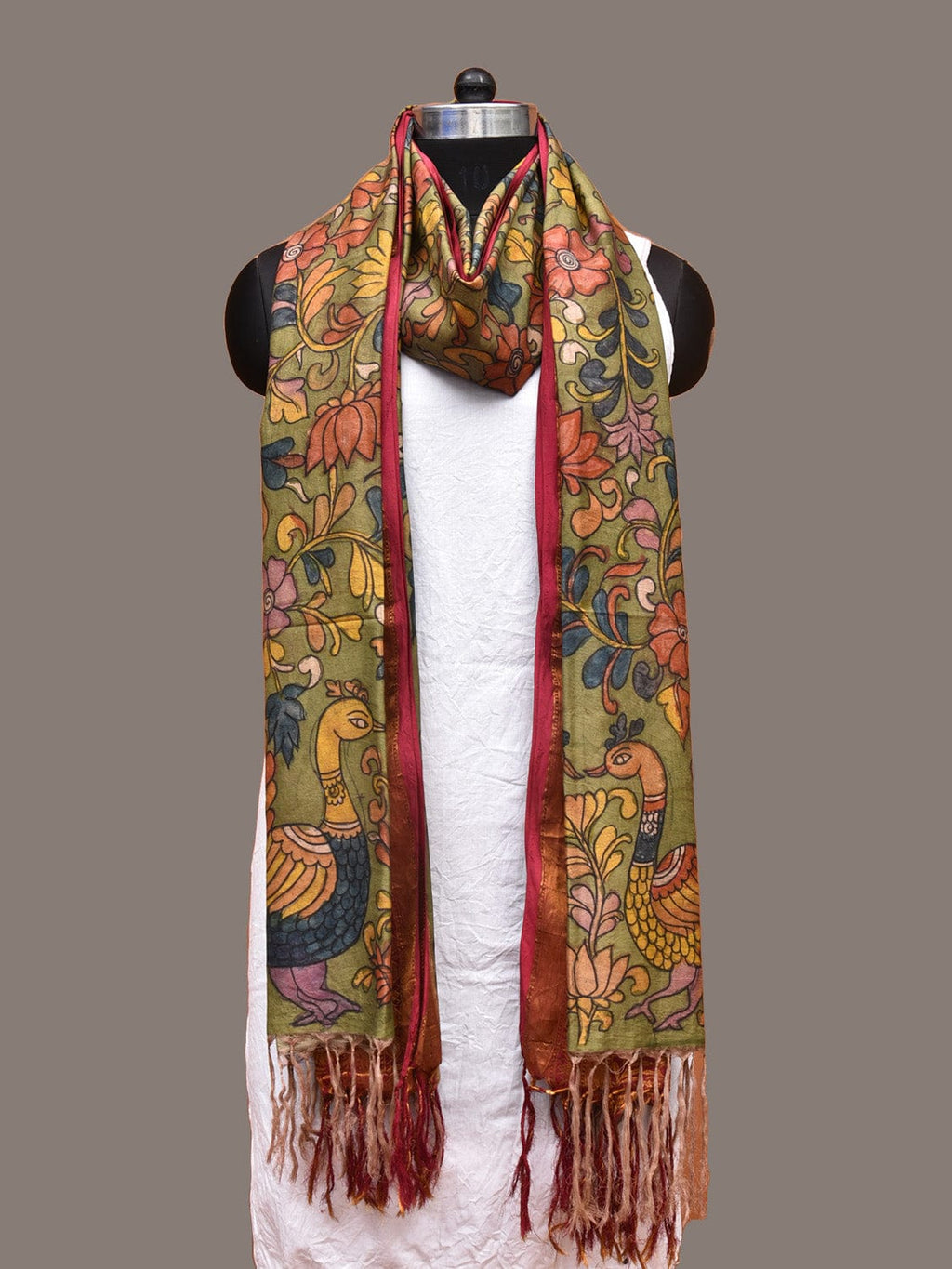 Green and Pink Kalamkari Hand Painted Kanchipuram Silk Handloom Dupatta with Floral and Peacocks Design - Global Threads | Grocsy
