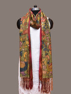 Green and Pink Kalamkari Hand Painted Kanchipuram Silk Handloom Dupatta with Floral and Peacocks Design - Global Threads | Grocsy