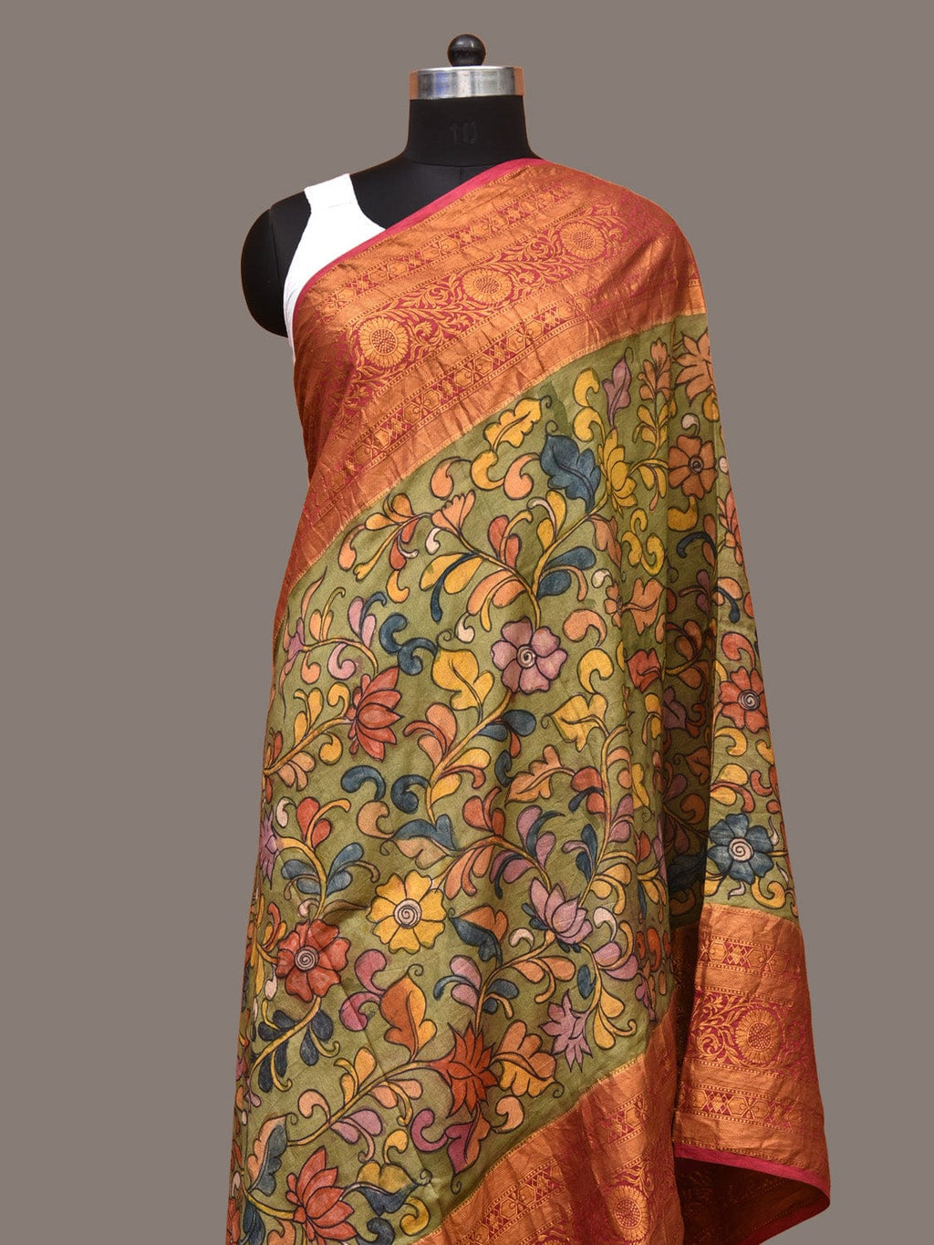 Green and Pink Kalamkari Hand Painted Kanchipuram Silk Handloom Dupatta with Floral and Peacocks Design - Global Threads | Grocsy
