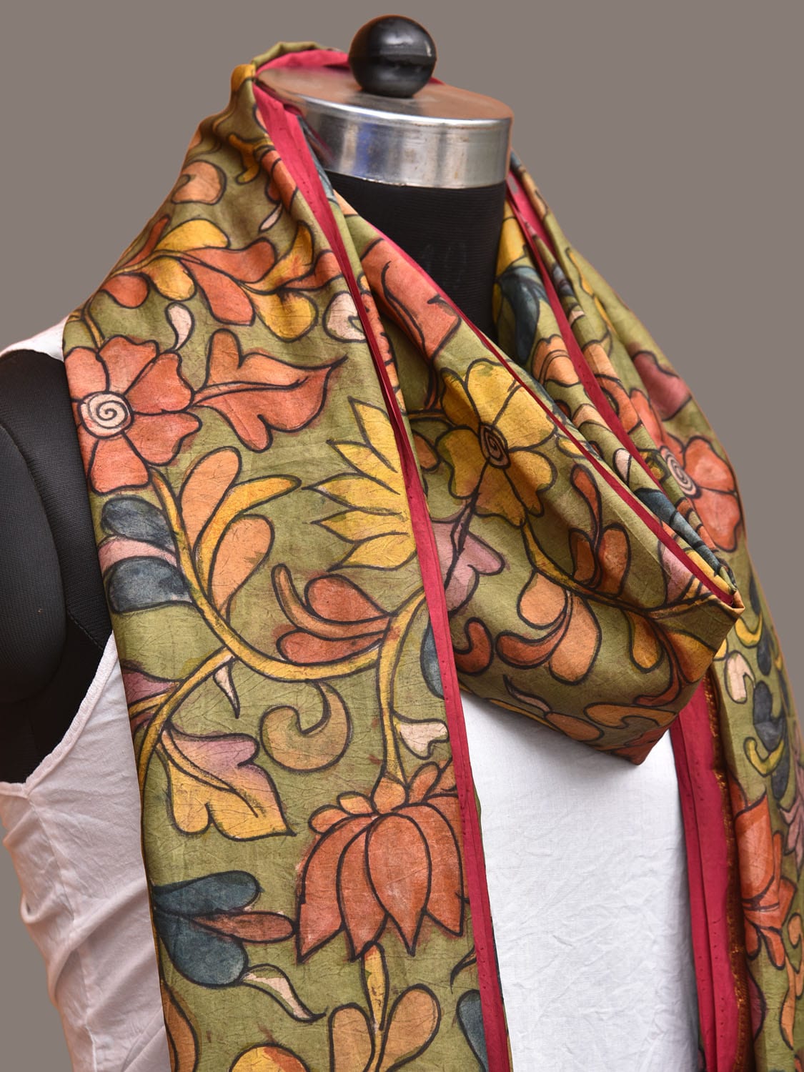 Green and Pink Kalamkari Hand Painted Kanchipuram Silk Handloom Dupatta with Floral and Peacocks Design - Global Threads | Grocsy