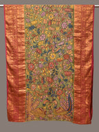 Green and Pink Kalamkari Hand Painted Kanchipuram Silk Handloom Dupatta with Floral and Peacocks Design - Global Threads | Grocsy