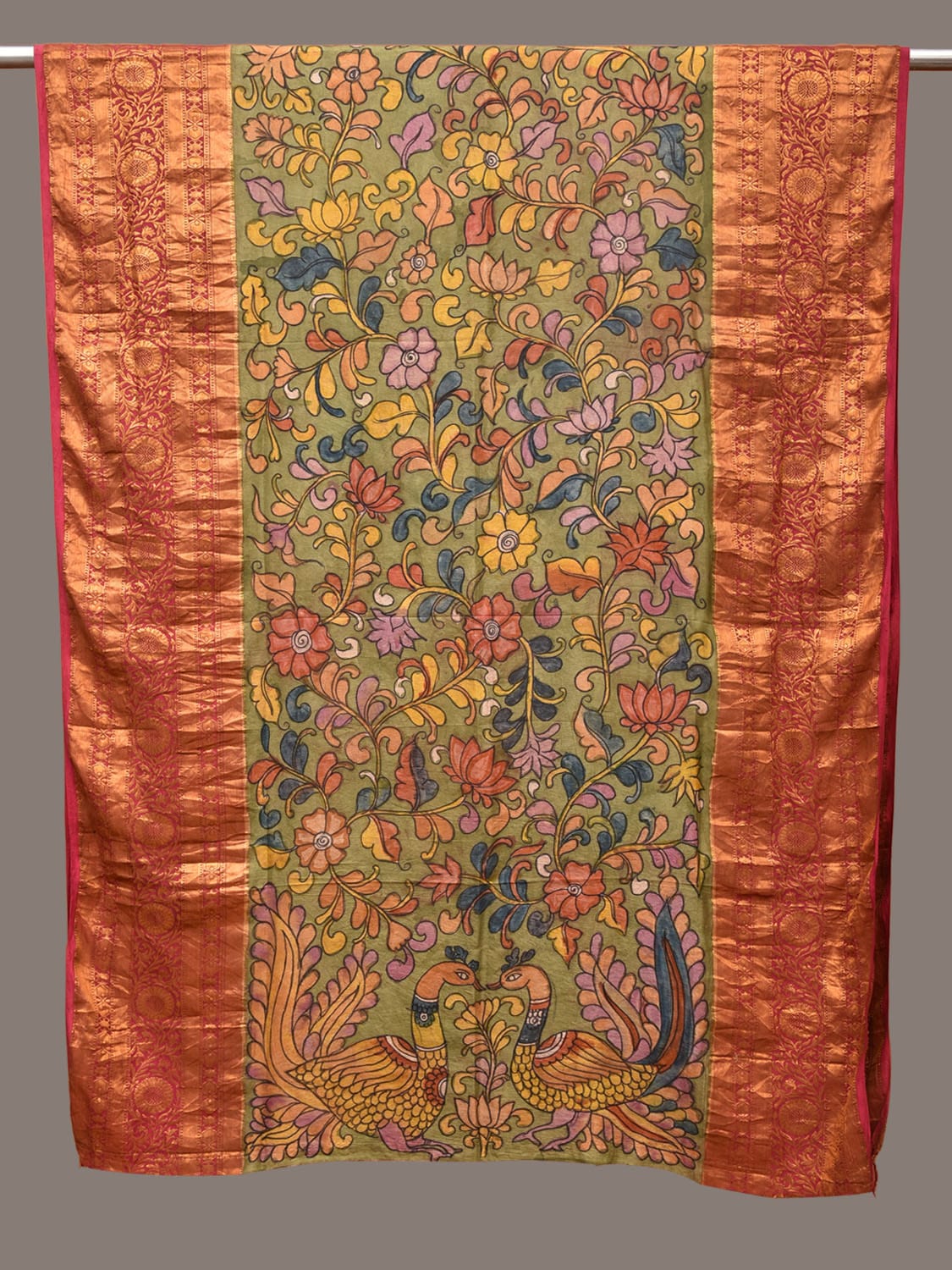 Green and Pink Kalamkari Hand Painted Kanchipuram Silk Handloom Dupatta with Floral and Peacocks Design - Global Threads | Grocsy