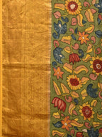 Green and Purple Bandhani Kanchipuram Silk Handloom Saree with Kalamkari Floral Body Design - Global Threads | Grocsy