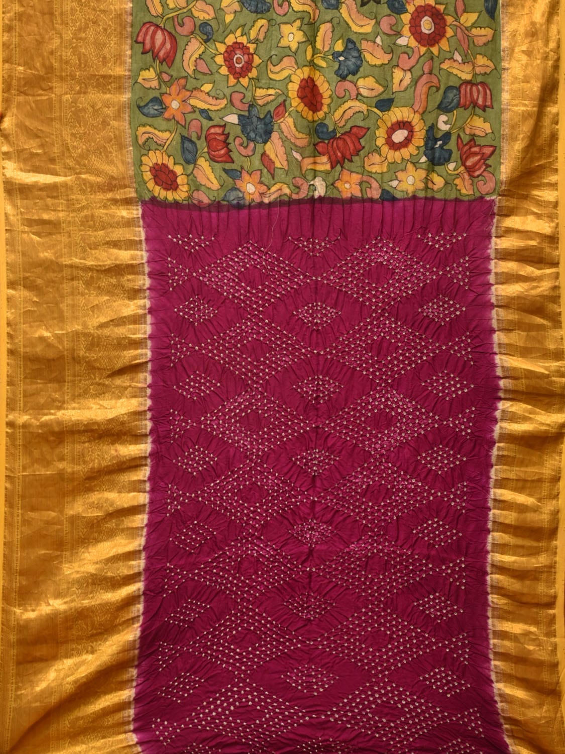Green and Purple Bandhani Kanchipuram Silk Handloom Saree with Kalamkari Floral Body Design - Global Threads | Grocsy