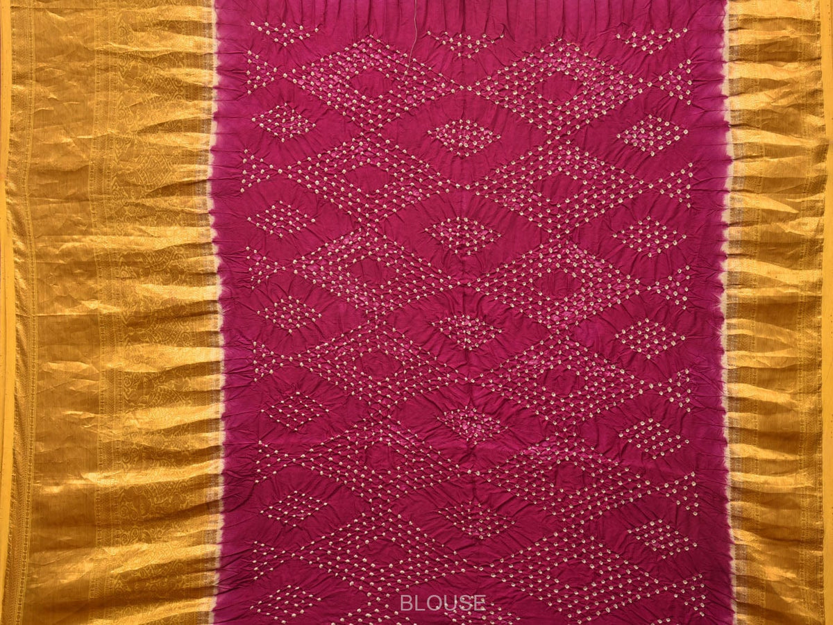 Green and Purple Bandhani Kanchipuram Silk Handloom Saree with Kalamkari Floral Body Design - Global Threads | Grocsy