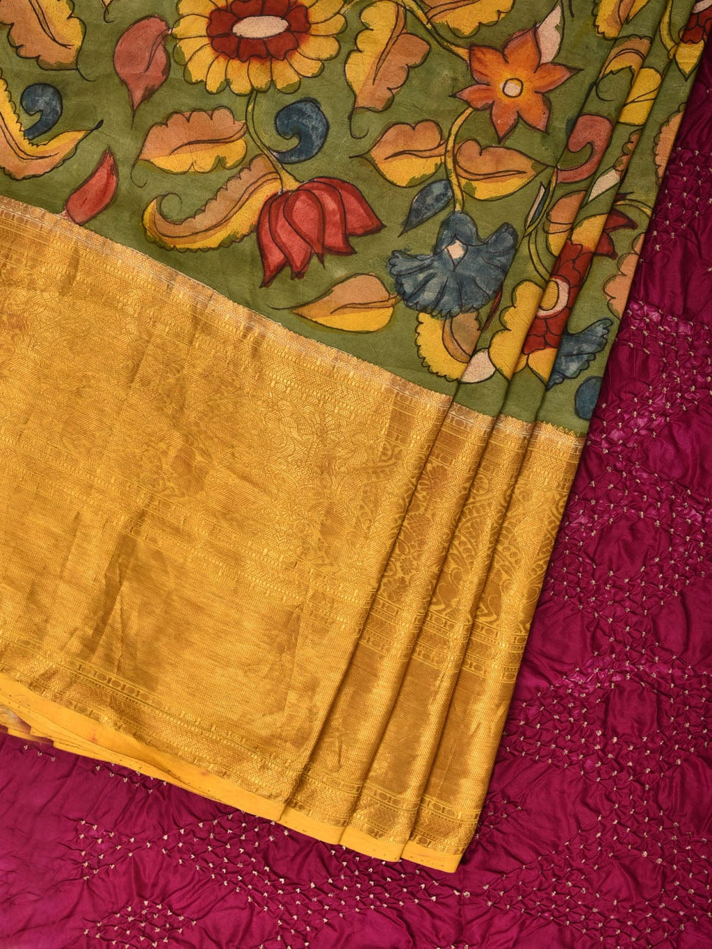 Green and Purple Bandhani Kanchipuram Silk Handloom Saree with Kalamkari Floral Body Design - Global Threads | Grocsy