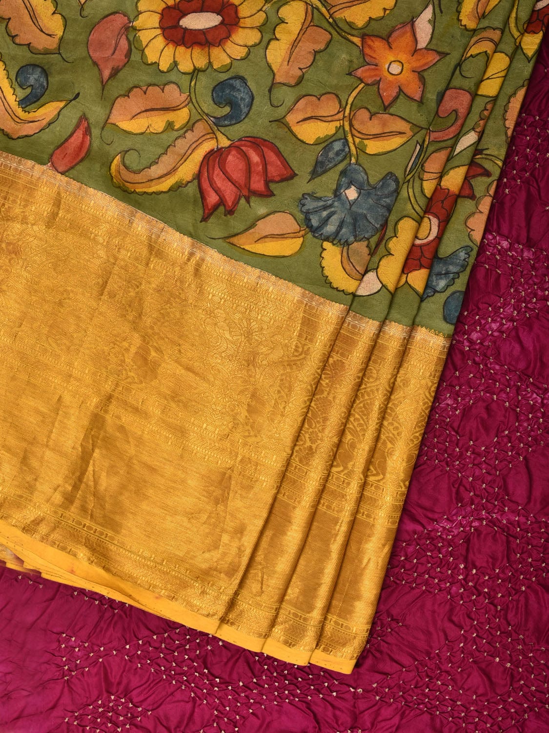 Green and Purple Bandhani Kanchipuram Silk Handloom Saree with Kalamkari Floral Body Design - Global Threads | Grocsy