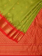 Green and Red Gadwal Silk Handloom Saree with Mango Pallu Design - Global Threads | Grocsy