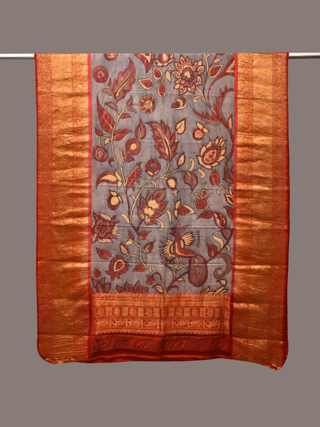 Green and Red Kalamkari Hand Painted Kanchipuram Silk Handloom Dupatta with Floral Design - Global Threads | Grocsy